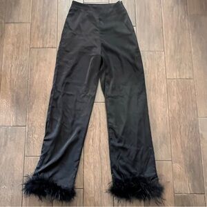 Lulus Black Satin Aura Wide Leg Feather Pants size Small